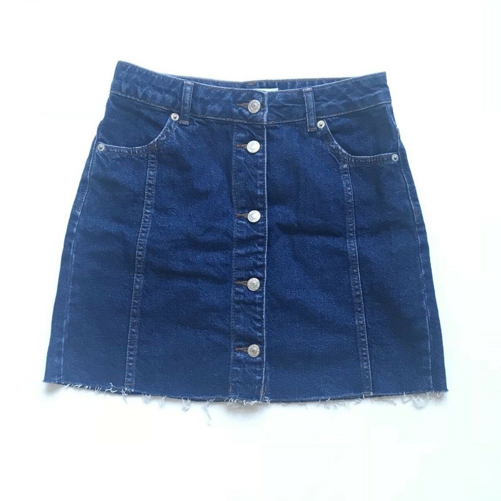 Topshop Moto Women's Blue Denim Jean A Line Full Button Down Mini Skirt Size 8